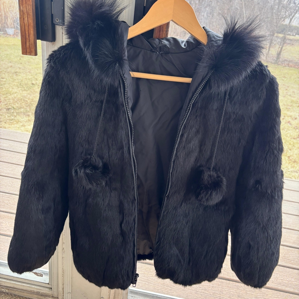 Fabulous Furs Black Faux-Fur Hooded Puffer with Pom Ties